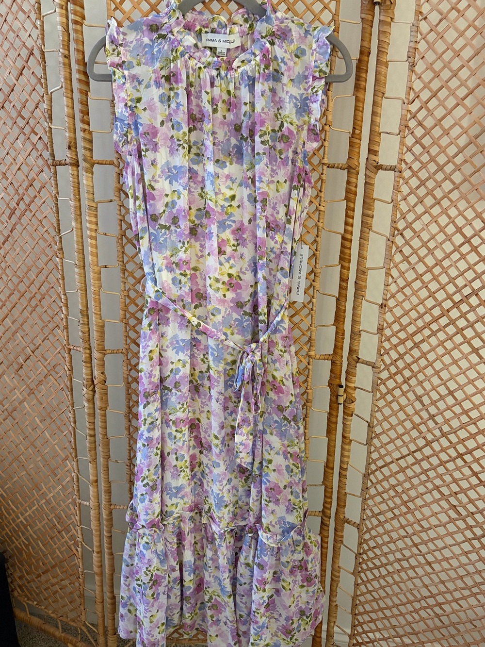 NWT Emma & Michele Lavender and Green Floral Ruffle Neck, Tie-Waist Maxi Dress
